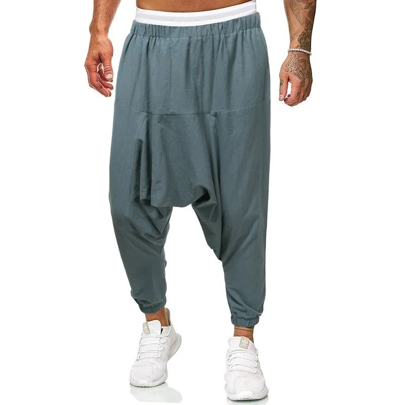 Men Cotton Linen Harem Pants Elastic Waist Streetwear Joggers Baggy Drop-crotch