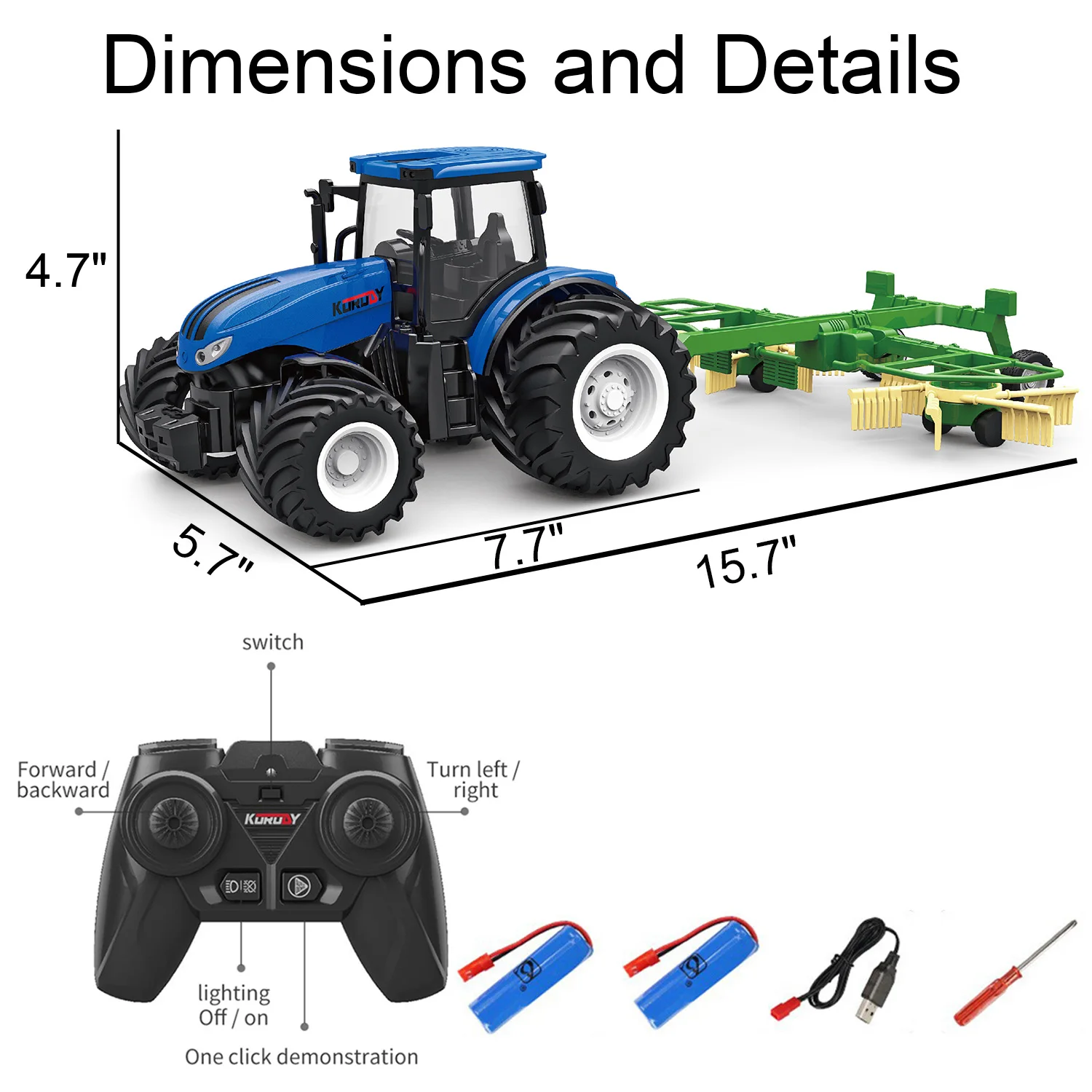 RC Truck Farm Tractor with 2 Rechargeable Batteries 1/24 High Simulation Construction Vehicle with Dual Rotary Swath Windrower 6