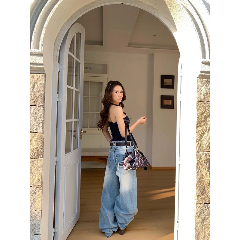 YIBASHU Women Blue Gothic Y2k Jeans Vintage 2000s Harajuku Jean Pants American Style Baggy Denim Trousers Alternative Clothes 3