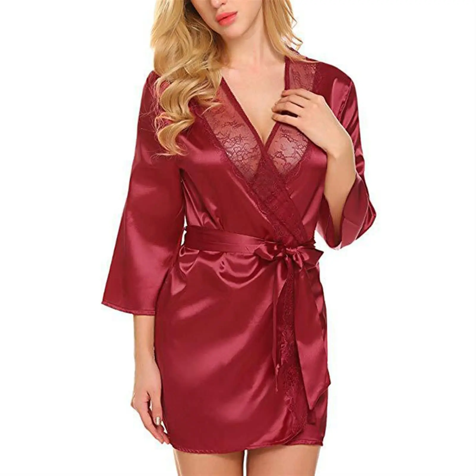 Women's Sexy Satin Solid Color Robe Lace Trim Kimono Nightgown Deep V Neck Lingerie Pajamas Bathrobe Sexy Sleepwear of Women 4