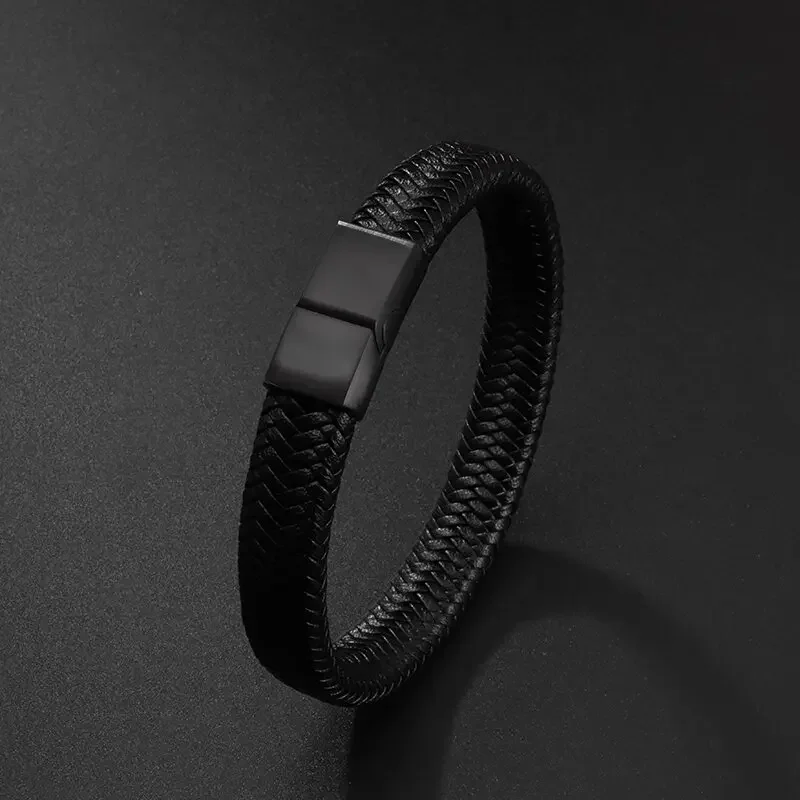 Vintage Handwoven Black Leather Bracelet with High Quality Metal Buckle Suitable for Men's Personalized Charm Wristband Jewelry 4