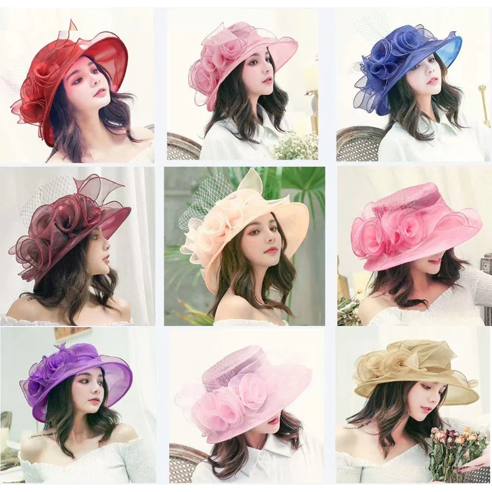 Cappello da sole in organza a fiori Cappelli derby in pizzo a tesa larga Ricami con paillettes Cappelli da spiaggia da viaggio sottili e traspiranti per donne e ragazze – acquista a
