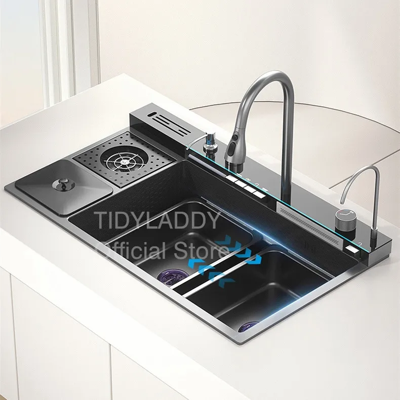 Multifunctional Kitchen Sink Steel Large Single Slot with Trash Can Waterfall Kitchen Sink Faucet Dishwashing Basin