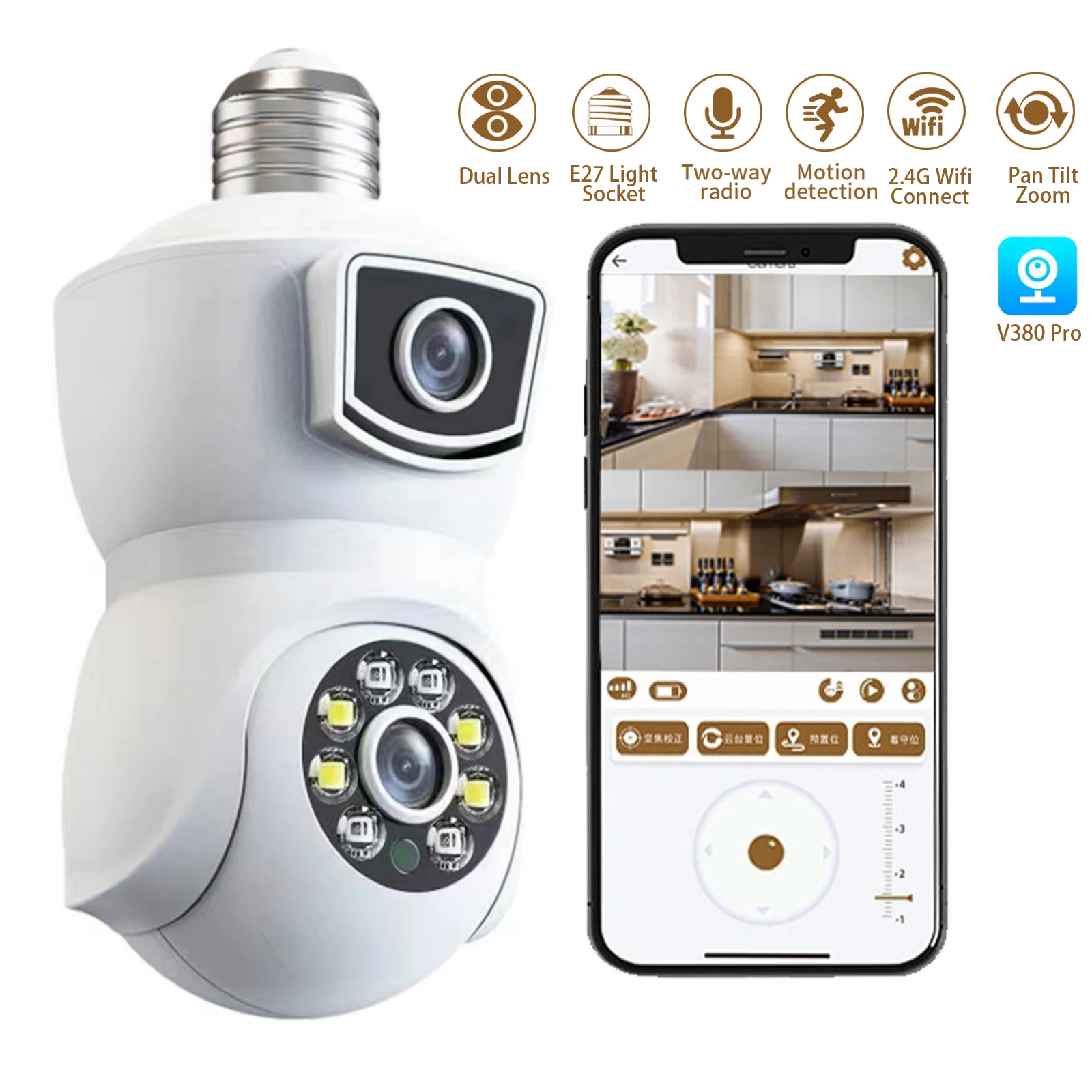 

4MP Indoor Light Bulb Security Camera 2.4G WiFi Wireless Dual Camera for Home Security Pan Tilt Linkage Camera for Pet V380Pro