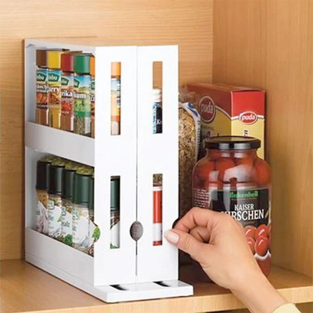 

Rotating Spice Rack Plastic Seasoning Spice Jar Rack Storage 2 Tier Pull Out Kitchen Cabinet Organiser Slide Salt Bottle Holder