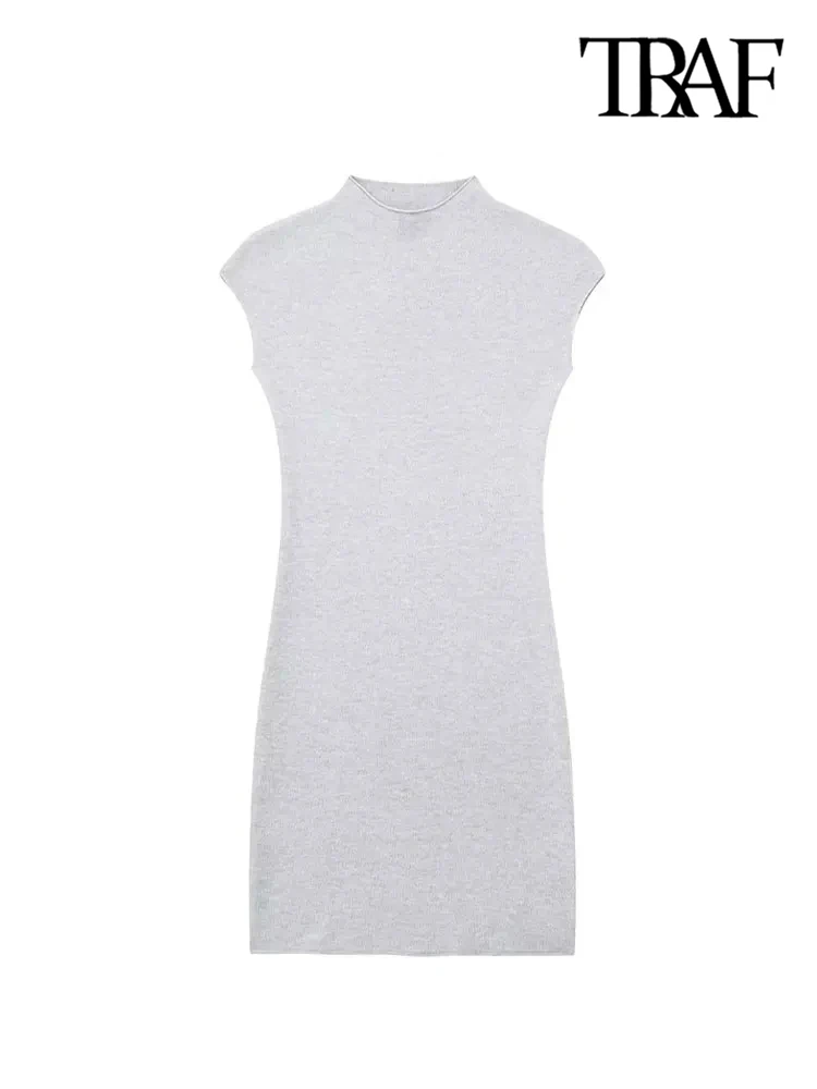 TRAF Women Fashion Stretch Knit Mini Dress Vintage High Neck Sleeveless Female Dresses Vestidos Mujer 6