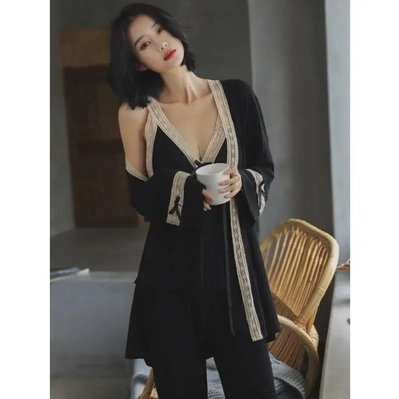 Cotton Three-piece Pajama Sets Women Pajamas Sexy Sleepwear Spring Autumn Long Sleeve Chest Pads Homewear Loungewear Pajamas