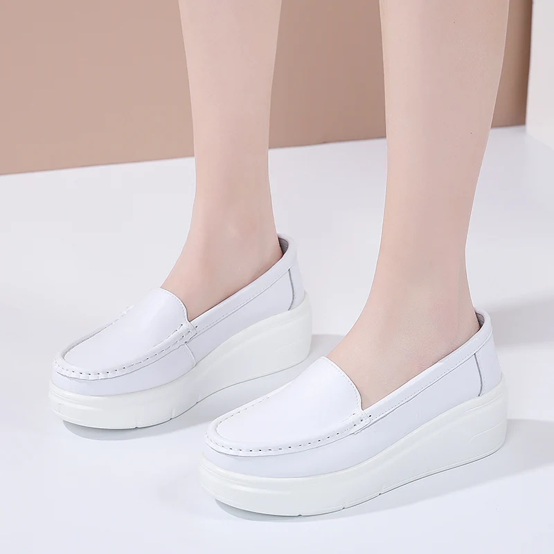 

Women Nurse Shoes Genuine Leather White Loafers Shoes Lady Lightweight Comfortable Non-Slip Work Shoes with Latex Insoles M855