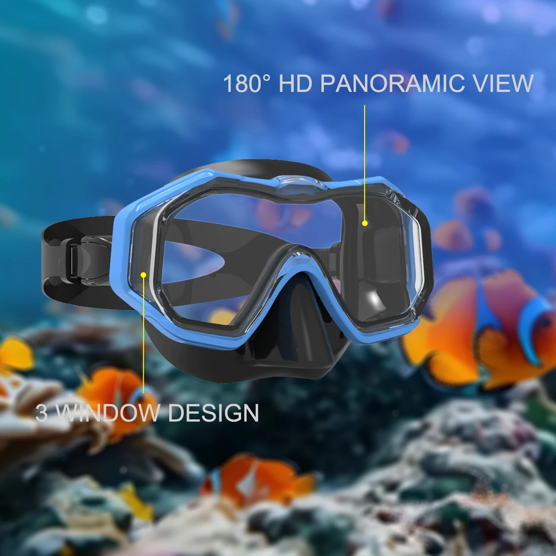 Scuba Diving Mask Panoramic 3 Window Snorkel Mask with Nose Cover Anti Fog Snorkel Goggles Gear Free Diving & Swim Training
