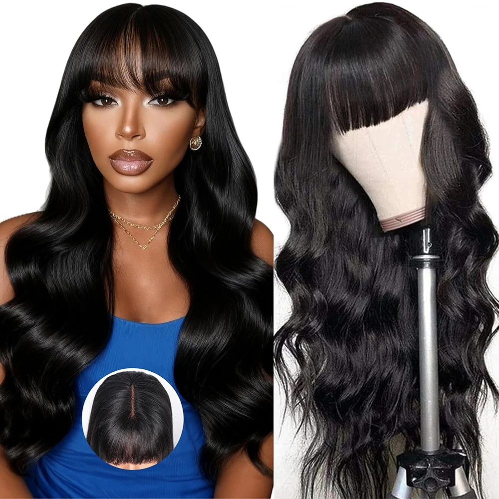 Body Wave Wigs with Bangs 3x1 Middle Part Lace Wig Human Hair Pre Plucked Body Wave Real Human Wigs with Bangs for Women 34 Inch 2