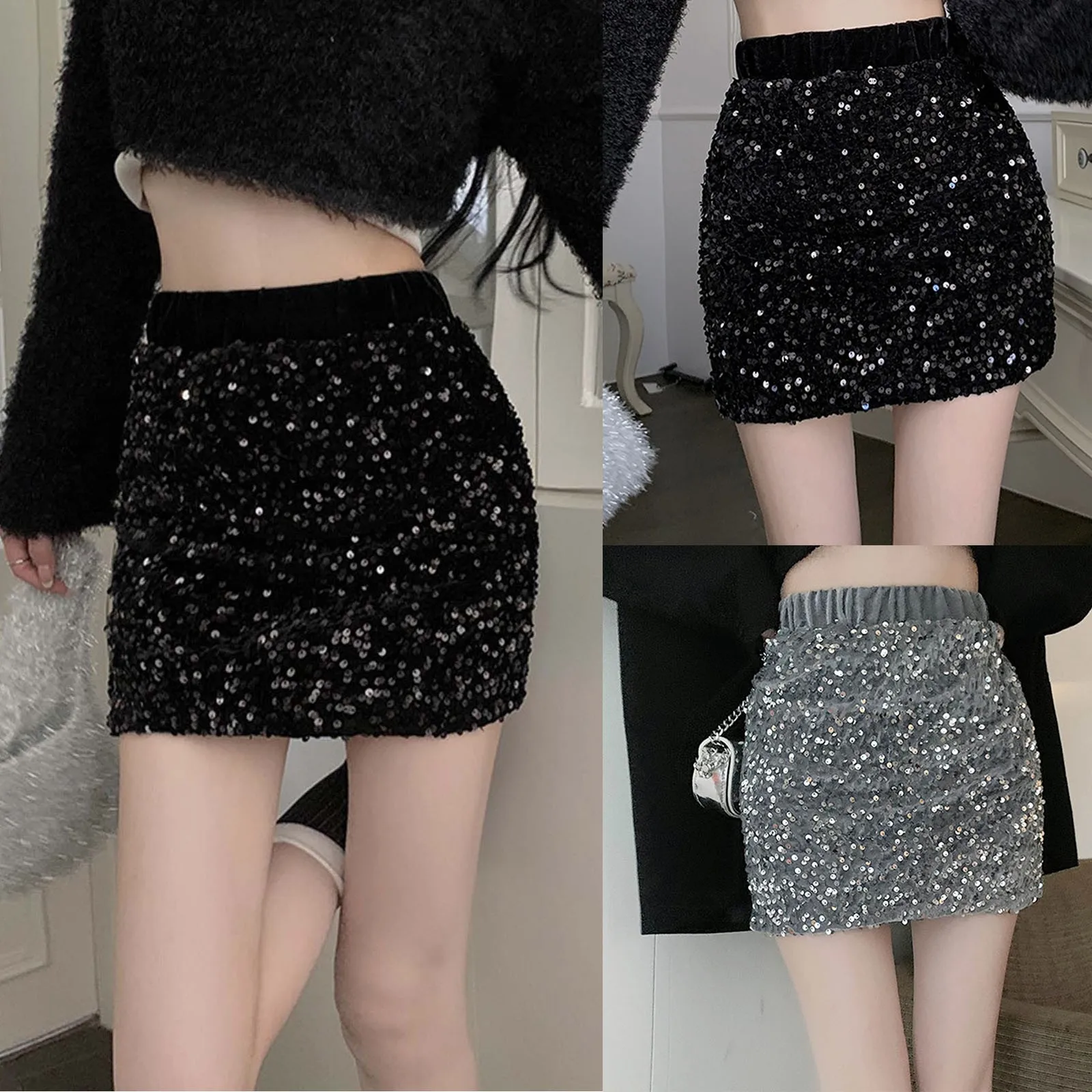 

Women French Style Elegant Shiny Sequined Mini Skirt Slim Fit Ladies Casual Night Clubwear A Line Bling Bling Short Wrap Skirt