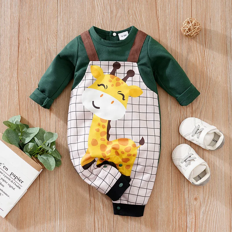 Spring And Autumn Baby Rompers Boys And Girls Cute Cartoon Giraffe Printed False Strap Long Sleeve Bodysuit baby rompers,baby jumpsuit,baby clothing,cotton onesies