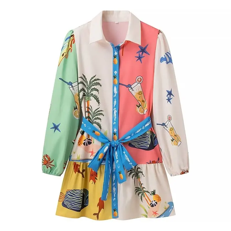 thumbnail image 1 of HH TRAF Vestido corto de verano para mujer, estampado de botonadura sencilla, cuello vuelto, manga larga, cinturón, informal, 1 of 4