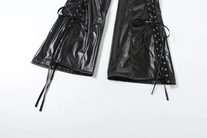 RORORIRI PU Leather Black Pants Punk Hollow Out Strappy Slim Vintage Low Waist Split Bootcut Trousers Festival Grunge Streetwear