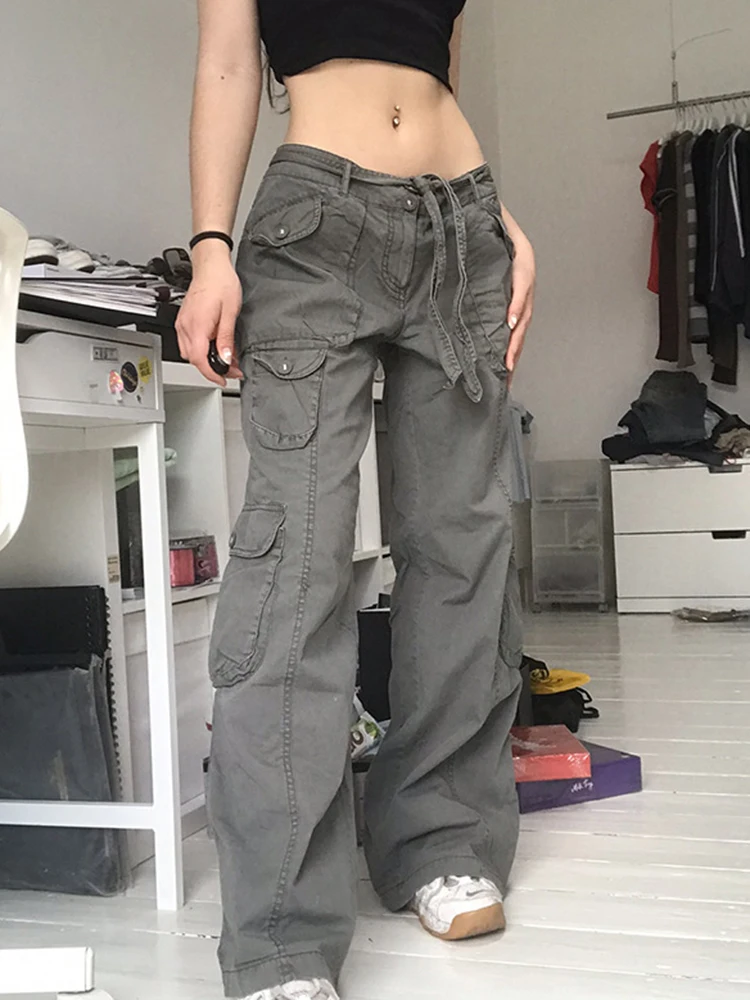 Sifreyr Retro Gray Baggy Cargo Jeans Women Vintage High Waist Pockets