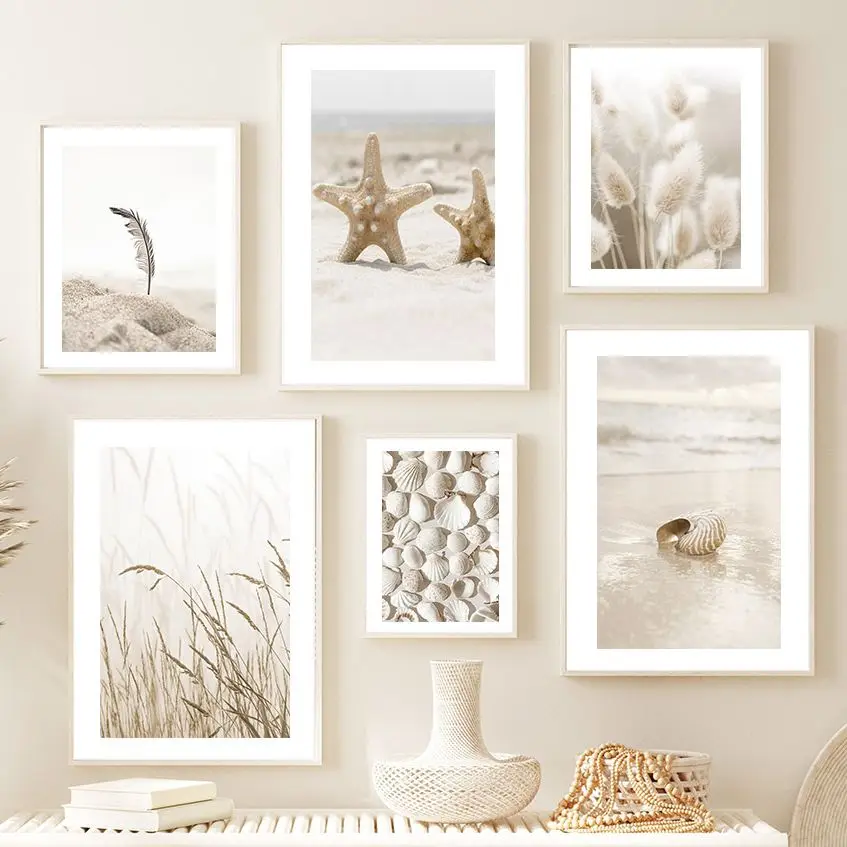 

Beach Starfish Shell Feather Grass Road Wall Art Canvas Painting Nordic Posters And Print Wall Pictures For Living Room Decor