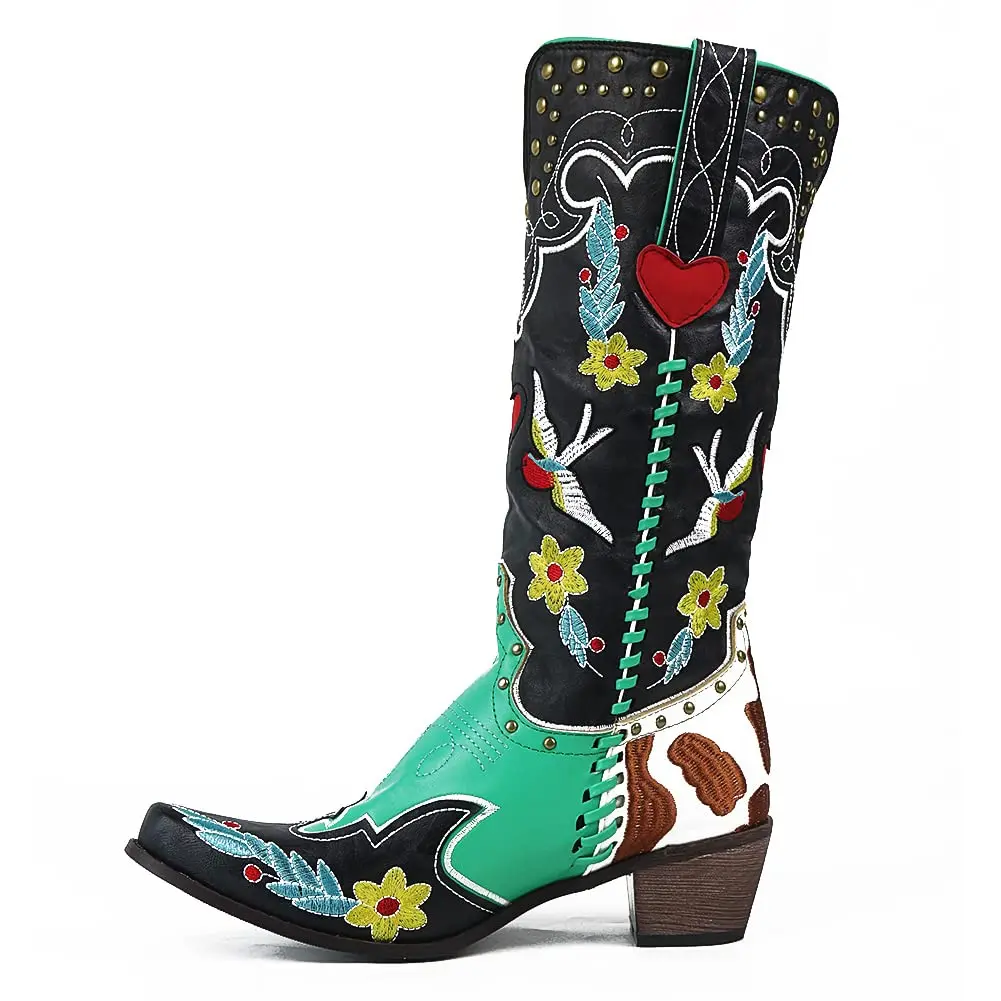 BONJOMARISA Western Cowboy Women Boots Cowgirl Mid Calf Boots Heart Retro Embroidered Slip On Chunky Casual Spring Shoes Woman 
