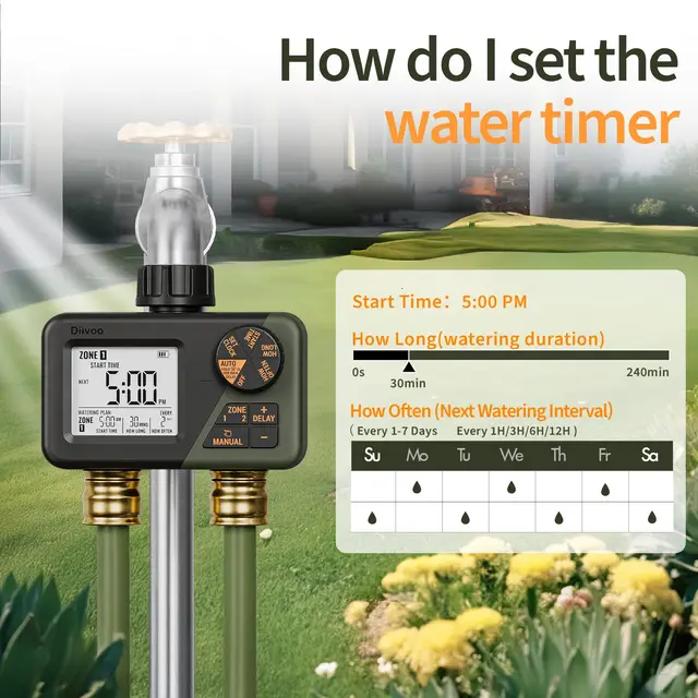 Diivoo Garden Water Timer 2 Outlets IPX5 Waterproof Multi-Functional Automatic Irrigation Timer with Rain Delay/Manual/Auto Mode 4