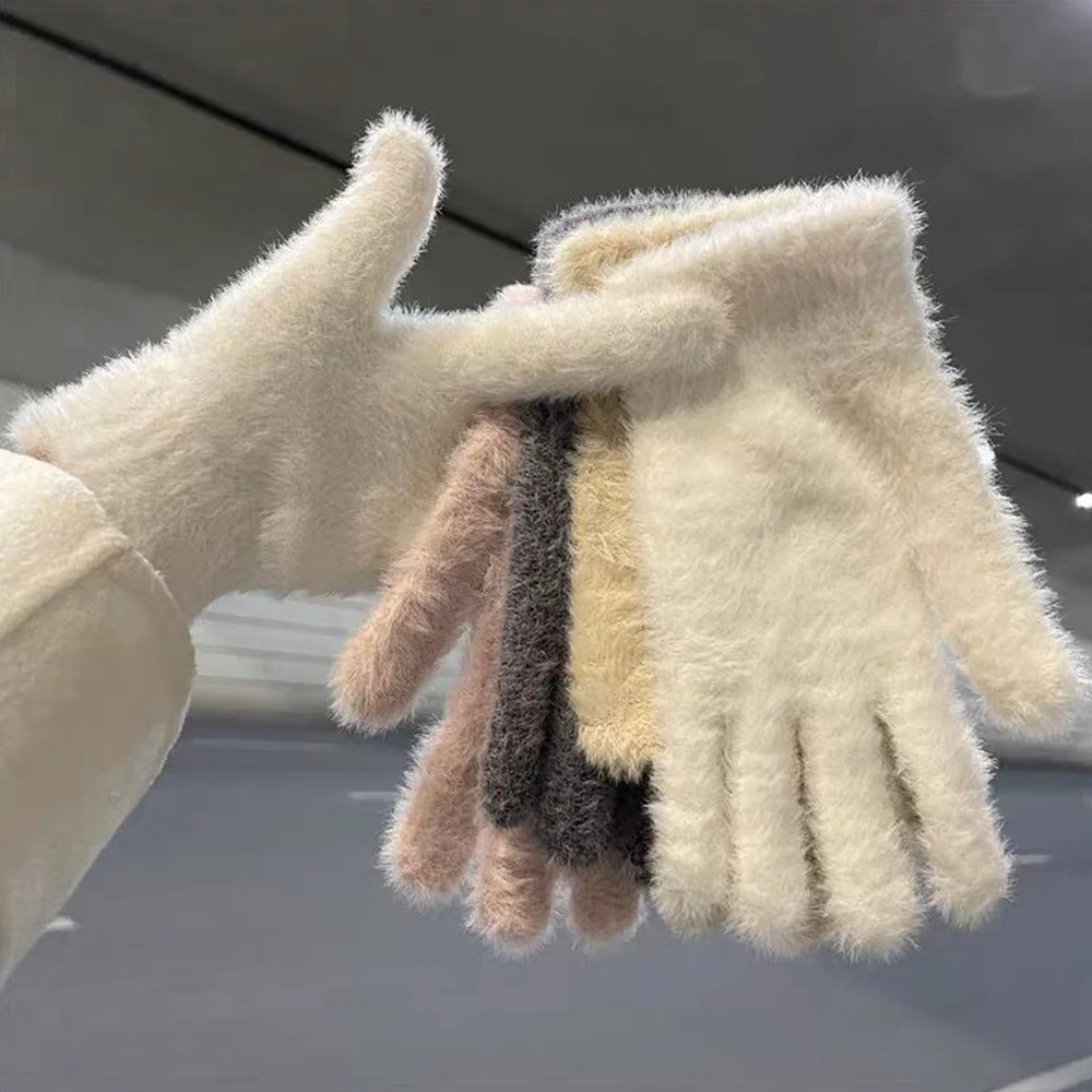 

Women Winter Warm Gloves Unisex Plush Five Finger Gloves Outdoors Thickened Mittens Solid Color Soft Glove Wrist Warmer Mitten