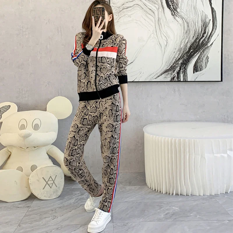 Spring and Autumn New Leisure Fashion Sports Knitted Zipper Cardigan Leopard Pattern Color Block Top and Pants Two Piece Set