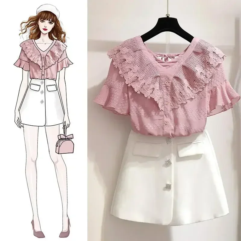 

Sweet and Fresh Women's Suit Korean Version Foreign Style Summer 2020 New Lace Shirt Two-piece Elegant Women's Skirt Suit