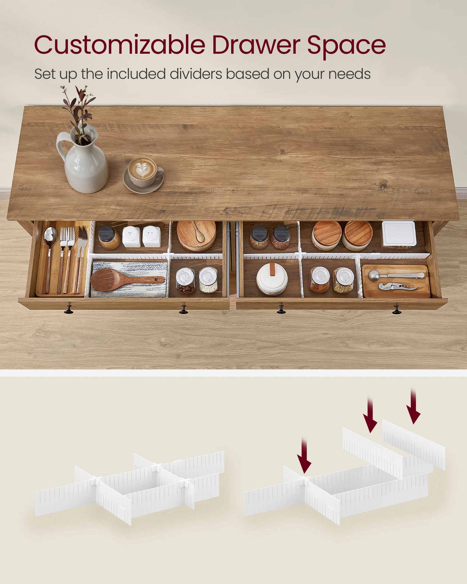 VASAGLE Coffee Bar Cabinet, Kitchen Storage Cabinet with 2 Drawers, Farmhouse Cabinet Sideboard with Adjustable Shelves
