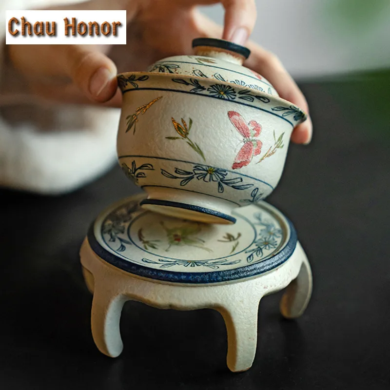 Blue And White Flint Red Teapot Cover Holder Hand Gold Drawing Butterfly Orchid Cover Frame Zisha Pot Bearing Base Tea Ceremony