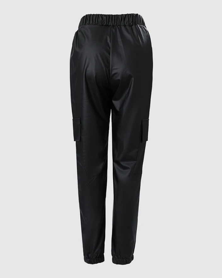 Women's Pants 2024 Spring Elastic Waist Pu Leather Cuffed Pants Daily Casual Pocket Design Drawstring Leather Pants
