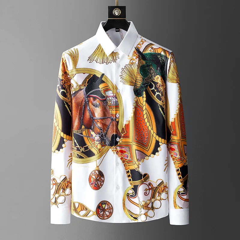 Men New High-quality Spring Shirt Fashion British Style Horse Pattern Rhinestone Business Casual Everything Party Commuter Top