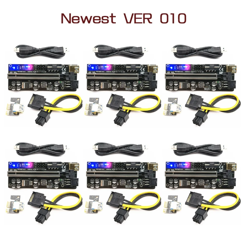 

6pcs Riser 010 USB 3.0 PCIE Riser PCI Express X16 Extender Adapter 010S Plus GPU Riser Card SATA 15pin to 6pin Power Marquee LED