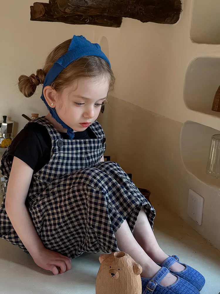 2025 Spring New Children Plaid Overalls Cotton Boys Thin Casual Pants Breathable Baby Girls Loose Strap Trousers Kids Clothes