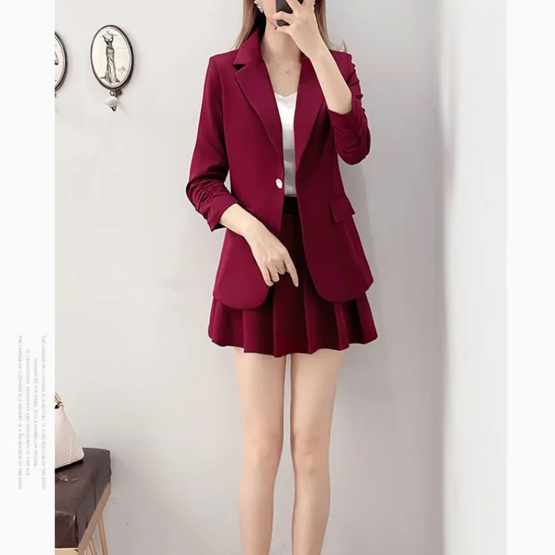 

Women Autumn New Suit Collar Short Skirt Set Fashion Leisure Solid Button Pockets Panels Long Sleeves Pleated Skirt 2-piece Set