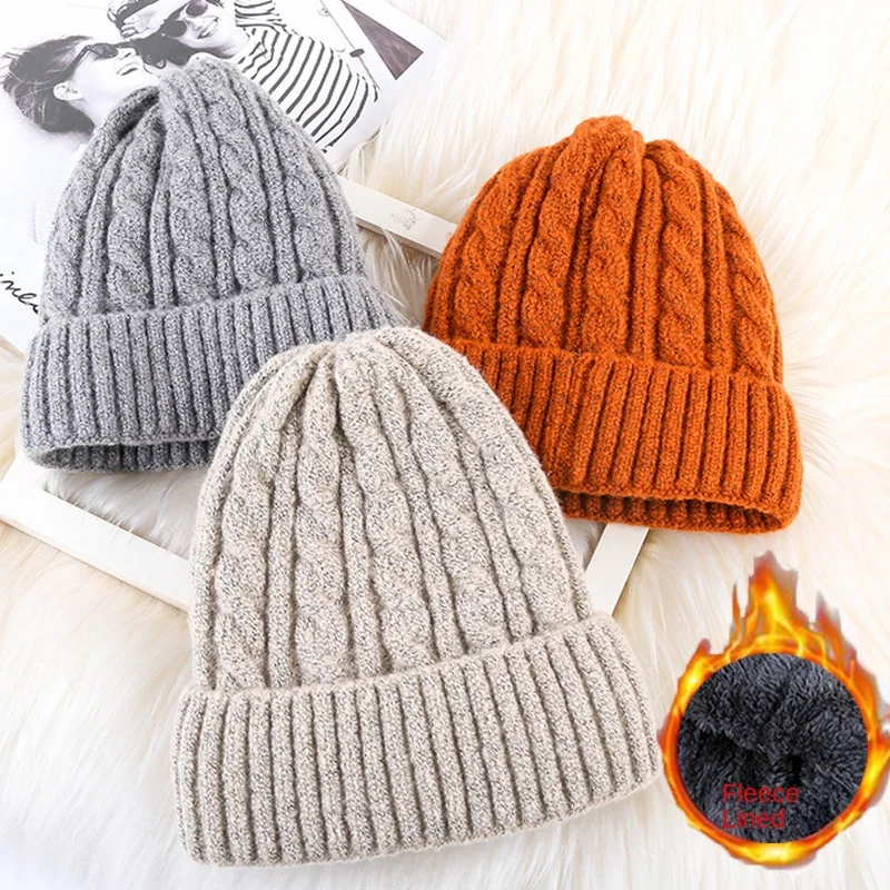 

2022 New Winter Hat Men and Women Twist Plus Velvet Mohair Tip Skullies Cap Warm Casual Thickened Knitting Beanies Bonnet