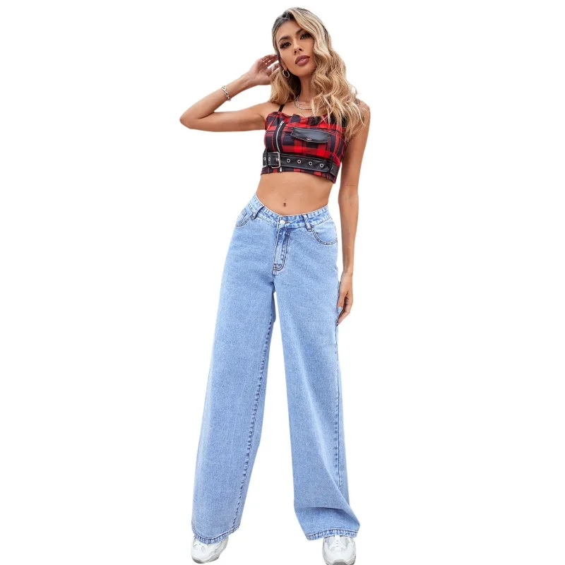 Fashionable Denim Pants Women's Light Color Wide Leg High Waist Straight Tube Versatile Trendy Pants
