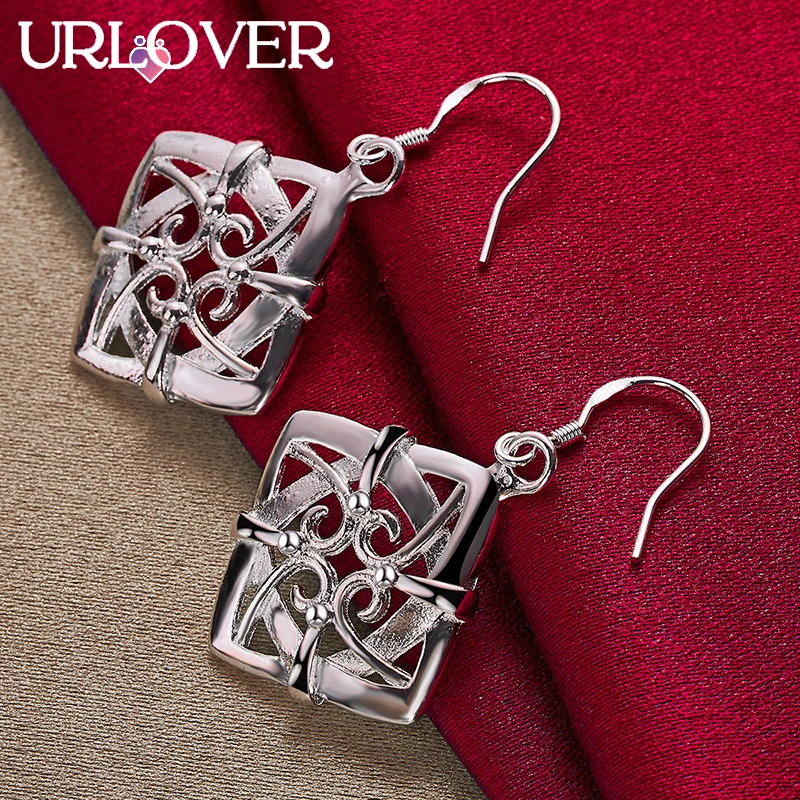 

URLOVER 925 Sterling Silver Earring For Woman Square Hollow Drop Earrings Lady Party Birthday Wedding Fashion Charm Jewelry Gift