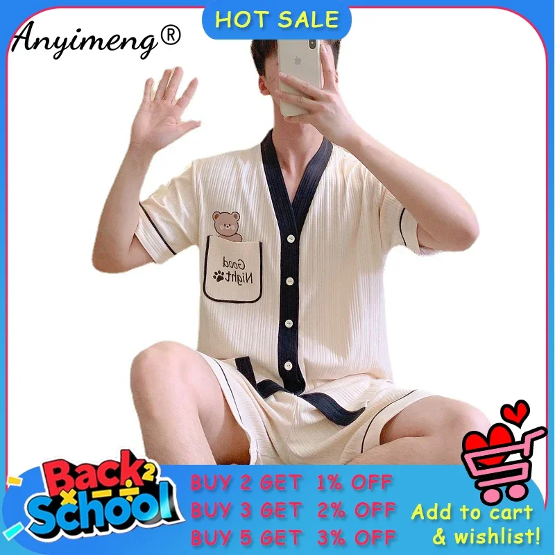 Summer Cotton Pajamas for Men Short Sleeved Kimono Pyjamas Kawaii Bear Print Nightwear Cardigan Sleepwear Causal Homewear