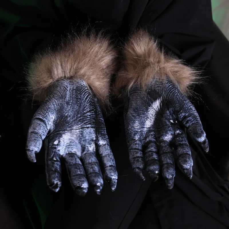 Halloween Werewolf Gloves Ghost Festival Horror Wolf Claw Set Long Hair Beast Gloves Simulated Black Wolf Gloves