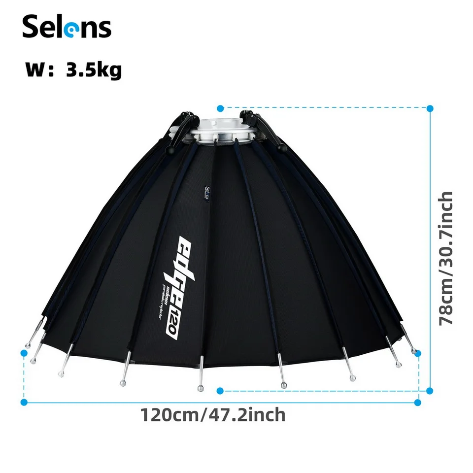 Selens EDGE 120cm 포물선 우산 소프트 박스 리플렉터, 확장 가능한 반사 브래킷 포함, 전문 사진 작가용 보웬