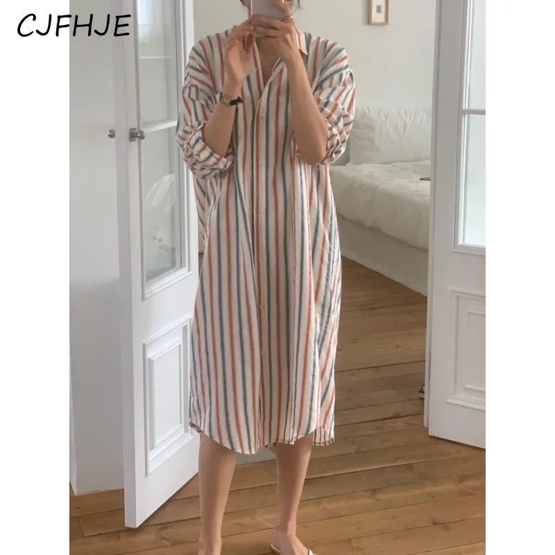 

CJFHJE New Women's Stripe Versatile Shirt Dress Spring French Retro Colorful Loose Single Breasted Long Sleeved Women Dresses