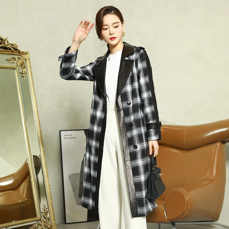 

2024 New Woolen Coat Women's Spring Sheepskin Spliced Woolen Fashion Slim Fit Mid length Windbreaker