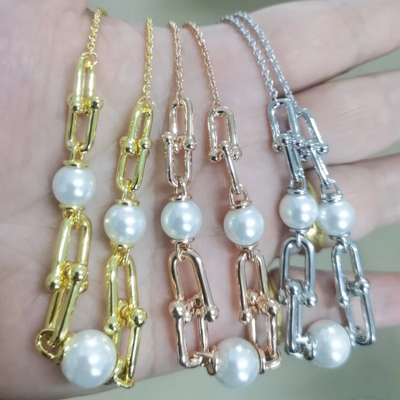 

Tff New Hardwear Series Chain Link Necklace Gold Inlaid Freshwater Pearl Fashion Modern Original Logo Necklace For Women
