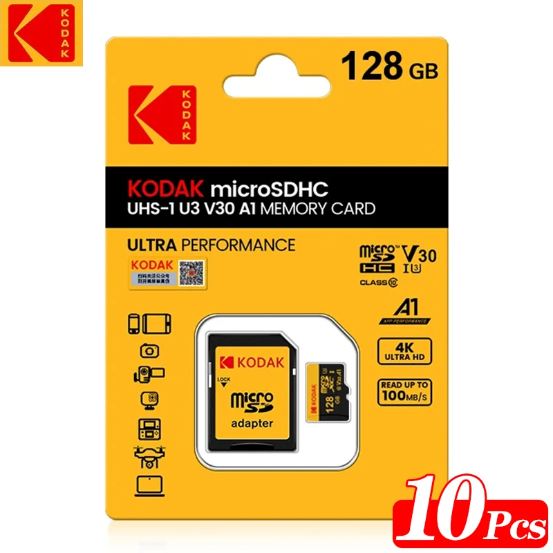 코닥 오리지널 TF 마이크로 SD 카드, 128GB 메모리 카드, Microsd Class10 플래시 카드, 고속 SD 어댑터, 전화 또는 카메라, 10 개