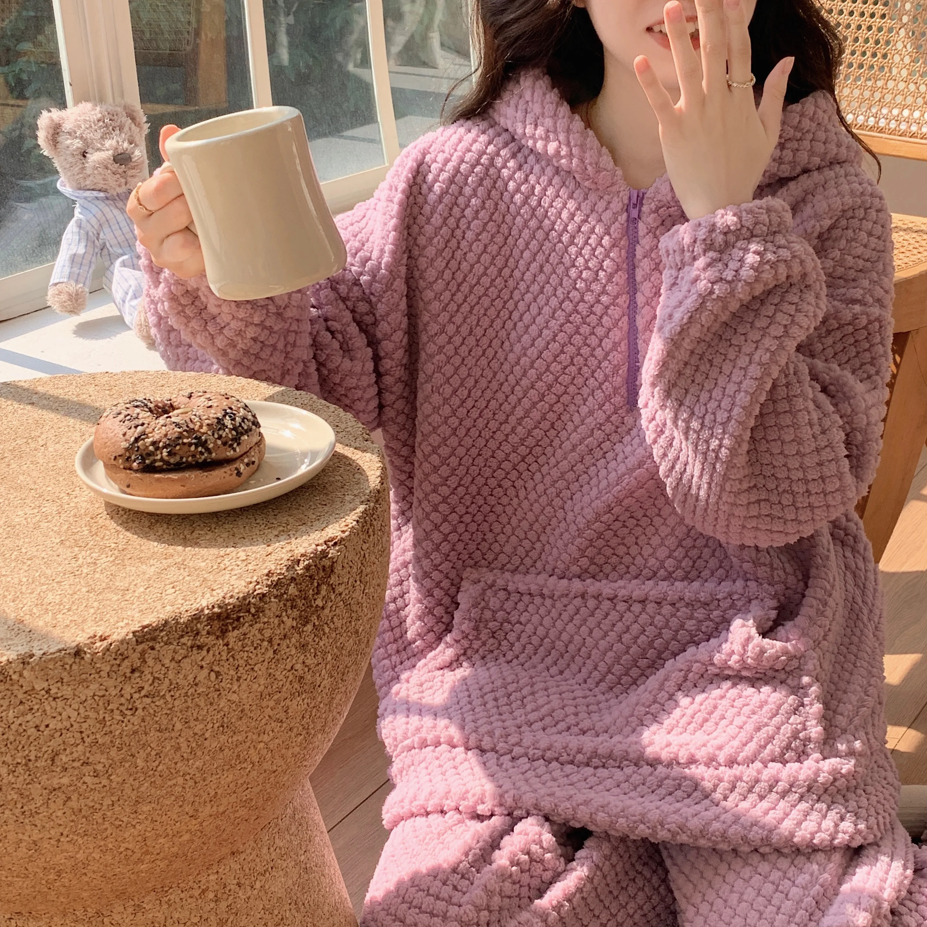 Winter Thickened Hooded High Collar Flannel Pajamas Women's Home Wear Sweet Cute Casual Zipper Large Pocket Coral Velvet Set