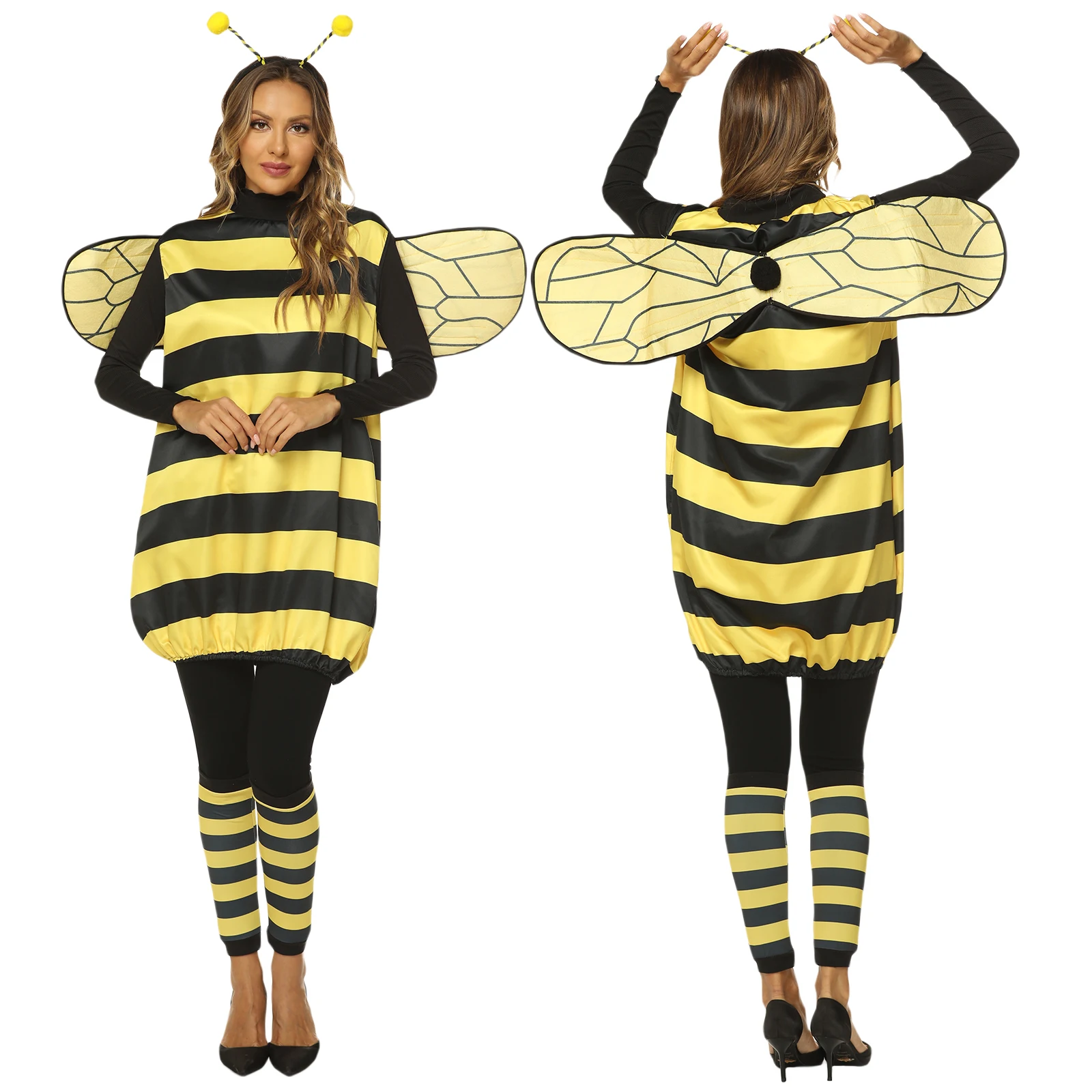 

Combhasaki Women Kids Cosplay Costume Set Halloween Bee Dress with Wings Headband Leg Sleeves for Role-playing Accessories