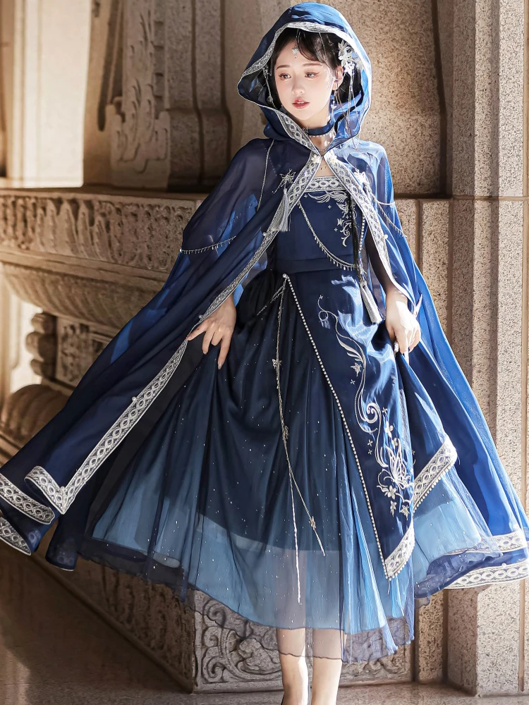 

Niche Design Blue Chinese Style Lolita Embroidered Hooded Cape Dress