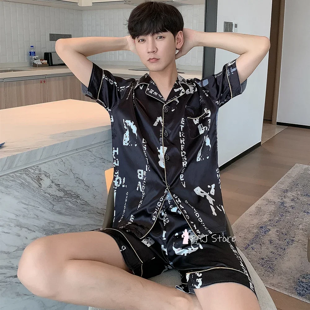 Large Size 5XL Men's Pajama Short's For Summer Satin Set Silk Sleepwear Male Pijama Casual Home Clothes Pyjama Homme Pijamas silk pajamas,man pajamas set,satin pajama set