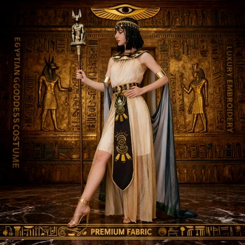 Women's of Egypt Cleopatra Costume - Premium Egyptian Pharaoh Outfit with Headdress Elegant Golden Goddess Cosplay Dress