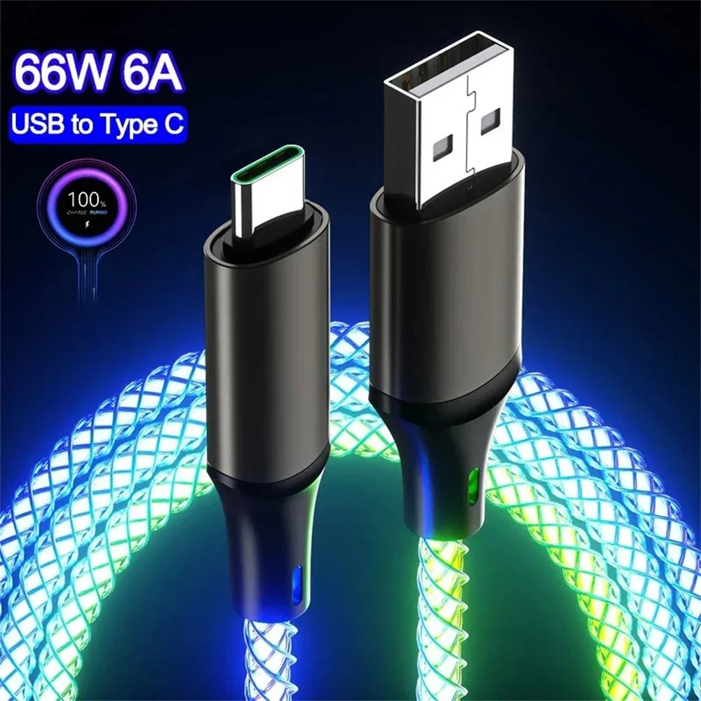6A 66W USB 타입 C 고속 충전 케이블 RGB 브리딩 발광 그라데이션 라..