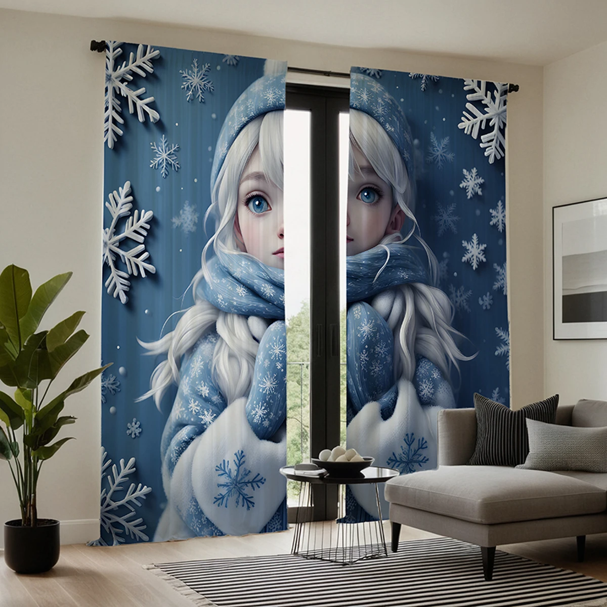 2pcs  HD Frozen Girl Decorative curtain Blue tie digital printed curtain Home Decoration style Decoration living room bedroom 4