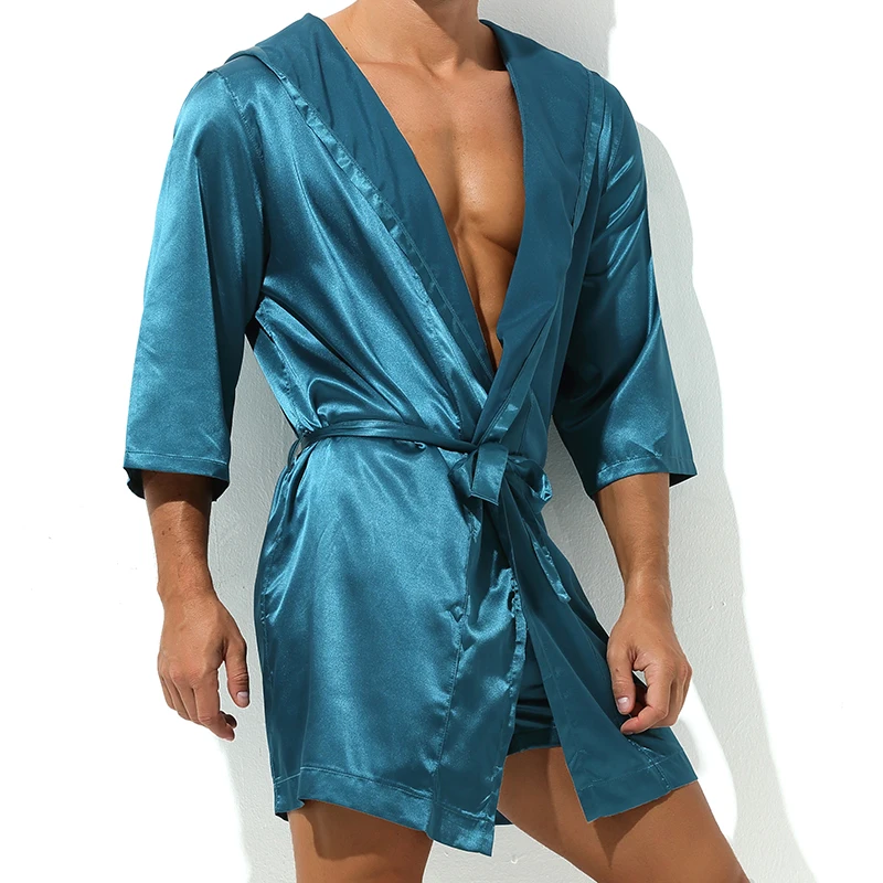 Ice Silk Bathrobe Cotton Bathrobe Flannel Robe Men Summer Silk Short Sleeve Bathrobe